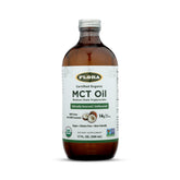 Flora botella frontal de MCT Oil en vidrio mostrando el envase y certificación orgánica