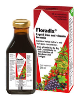 Floradix frontal del envase de 250 ml mostrando etiqueta clara y origen Alemania