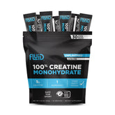 Fluid creatine empaque frontal que muestra sticks portables y beneficio de conveniencia