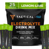 Fluid Tactical frente del paquete mostrando 25 sobres y sabor limón-lima, práctica portabilidad