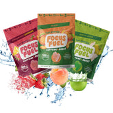 FocusFuel paquete frontal mostrando variedad de sabores y beneficio energía limpia