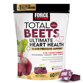 Force Factor envase frontal Total Beets mostrando 60 masticables y beneficio de apoyo cardiovascular