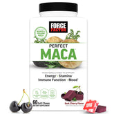 Force Factor envase frontal de Perfect Maca mostrando el diseño y sabor cereza