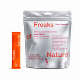 Freaks of Nature empaque frontal mostrando beneficios y sabor