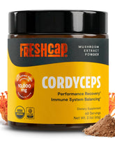 FreshCap Mushrooms frasco delantero mostrando diseño y cantidad