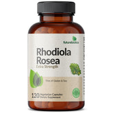 Futurebiotics frasco frontal de Rhodiola Rosea mostrando etiqueta clara y beneficios