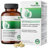Futurebiotics StressAssist frasco frontal mostrando cápsulas y marca para confianza