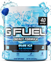G Fuel envase frontal mostrando marca y sabor blue ice, beneficio energía limpia