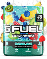 G Fuel frontal del envase mostrando marca y sabor Tropical Rain