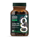 Gaia Herbs frasco Turkey Tail al frente mostrando etiqueta y beneficios