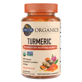 Garden of Life frasco delantero de Turmeric Gummies mostrando el envase y beneficios