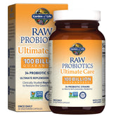 Garden of Life frente del envase mostrando 100 mil millones CFU y beneficio de apoyo intestinal