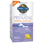Garden of Life Minami frontal del frasco mostrando la marca y concentración de DHA