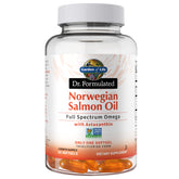Garden of Life frasco de Salmon Oil mostrando etiqueta y beneficios