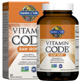 Garden of Life frasco frontal mostrando etiqueta y beneficio de hierro vegano