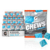 Gatorade Energy Chews vista frontal del paquete mostrando 16 sobres y practicidad