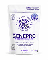GENEPRO GEN. 3 frente del envase mostrando 30 porciones y etiqueta clara