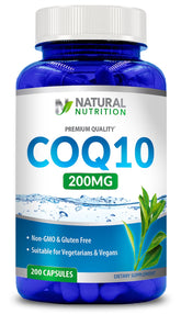 Generic Coq10 frasco frontal mostrando 200 cápsulas y beneficio conveniencia