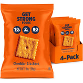 Get Strong Foods empaque frontal mostrando galletas cheddar y beneficios nutricionales
