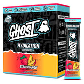 GHOST empaque frontal Strawbango mostrando 24 sobres y beneficio portátil