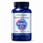 Envase GizmoBox Ultimate Nattokinase 10800 FU mostrado frontalmente, claridad de etiqueta y potencia
