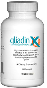 GliadinX frasco frontal mostrando etiqueta clara y beneficio de respaldo sin gluten