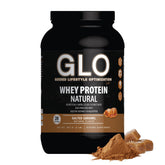GLO envase frontal caramelo salado mostrando sabor y beneficio proteico