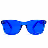 GloFX gafas azules frontal mostrando estilo y confianza