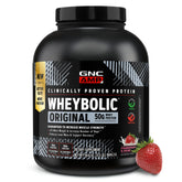 GNC envase frontal de Wheybolic mostrando tamaño y sabor fresa crema, promoción de proteína alta