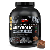 GNC envase frontal de AMP New Wheybolic mostrando tamaño y sabor