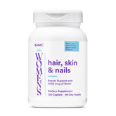 GNC envase frontal del suplemento para cabello piel y uñas mostrando la marca y beneficios