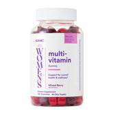 GNC envase frontal de gomitas multivitamínicas, muestra etiqueta y conveniencia