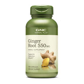 GNC frasco frontal de Herbal Plus Ginger Root 550 mg muestra etiqueta y beneficios