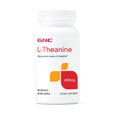 GNC frasco frontal L-Theanine 200 mg mostrando etiquetado y beneficio calma