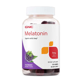 GNC frasco frontal de Melatonin Gummies sabor mora mostrando etiqueta y cantidad