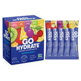 GoHydrate frente del empaque mostrando 30 sobres y conveniencia