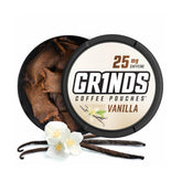 GRINDS frontal del bote vainilla mostrando diseño y conveniencia