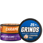 GRINDS frontal de las tres latas del sampler mostrando sabores y diseño compacto
