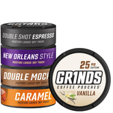 GRINDS paquete frontal mostrando las cinco latas y beneficio de variedad