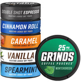 Grinds lata frontal del sampler mostrando los seis sabores y portabilidad