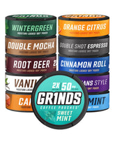 GRINDS vista frontal del pack con 11 latas para probar sabores variados y energía limpia