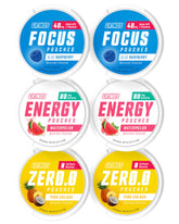 GRINDS empaque frontal del Performance Sampler Pack mostrando los sabores y beneficios.