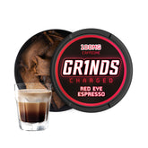 GRINDS lata frontal mostrando diseño y información, conveniente para llevar