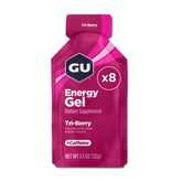 GU Energy empaque frontal mostrando sello vegano y beneficio energético