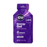 GU Energy empaque frontal Jet Blackberry mostrando 24 sobres y beneficios nutricionales