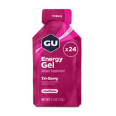 GU Energy gel Tri-Berry frontal mostrando diseño y beneficio energético