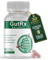 GutRx Balance frente del empaque mostrando 30 cápsulas y beneficio de soporte digestivo