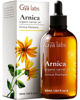 Gya Labs aceite de árnica vista frontal botella y beneficio hidratación ligera
