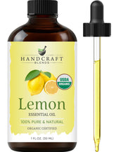 Handcraft Blends vista frontal botella ámbar mostrando certificación y beneficio conservación