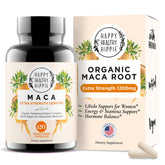 Happy Healthy Hippie frasco frontal mostrando cápsulas y dosis clara